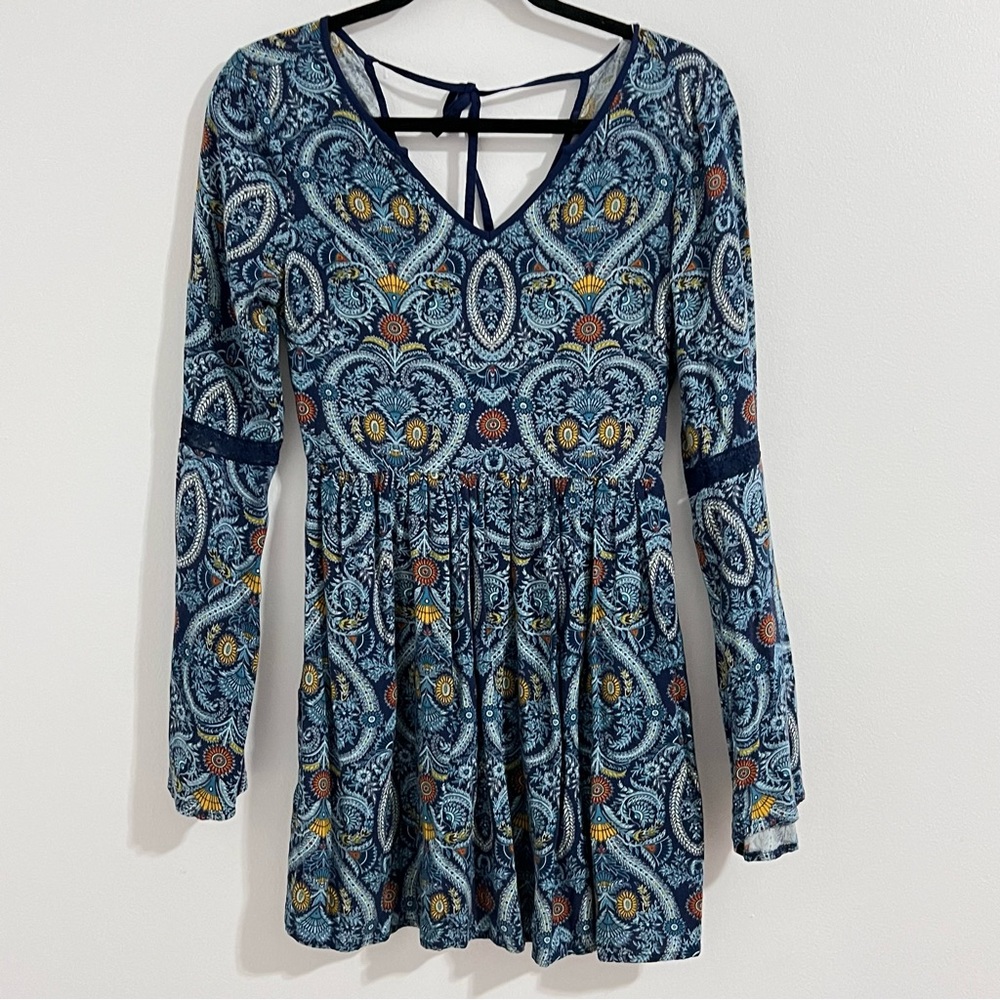 Band of Gypsies Blue Fit and Flare Dress Size S Long Sleeve Bohemian Sunflower